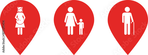 Family care location pin icons vector illustration pregnancy parent child and elderly support symbols for social services design