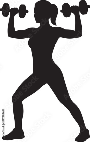 Strong woman exercising with dumbbells in dynamic pose