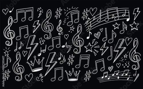 White musical notes and symbols on black background treble clef music symbols white hearts