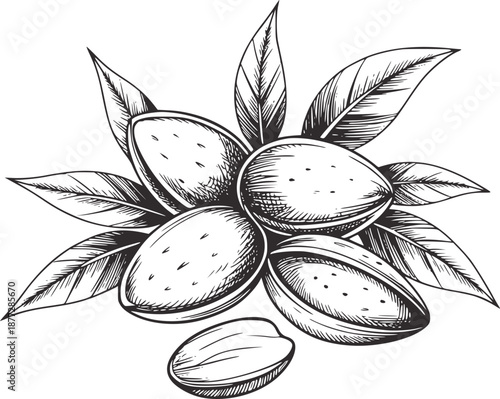 Hand drawn almonds with leaves food nuts organic