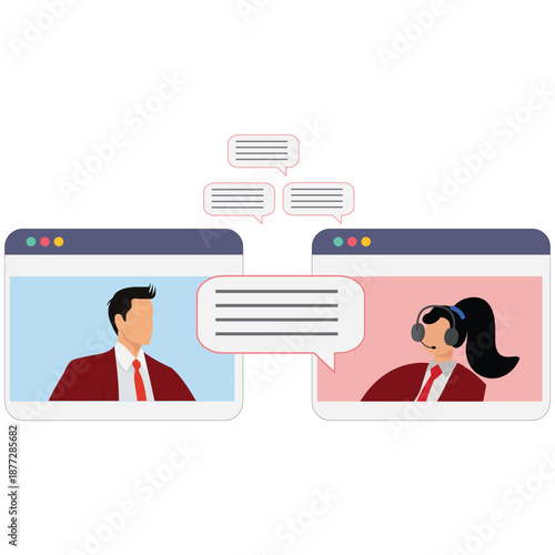 Business professionals in video conference call with speech bubbles