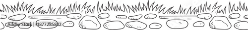 Hand drawn border of grass blades and pebbles in black and stones texture