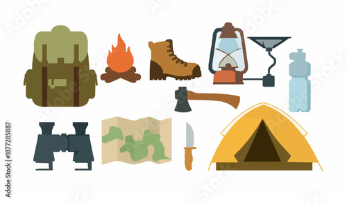 Camping and hiking equipment set with outdoor adventure accessories flat vector illustration