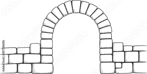 Hand drawn stone archway structure with brick wall