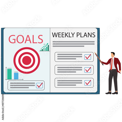 Businessman presenting weekly plans and goals on whiteboard