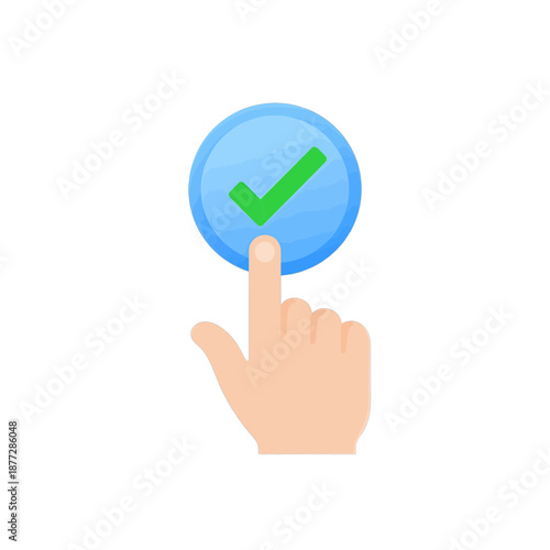 Hand pressing green checkmark UI icon.
