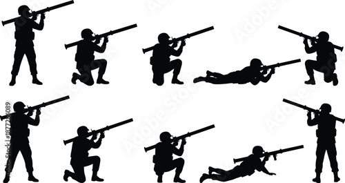 Collection of military soldier silhouettes aiming rocket launchers in standing, kneeling, and prone positions, black army combat figures isolated on white background for warfare concepts