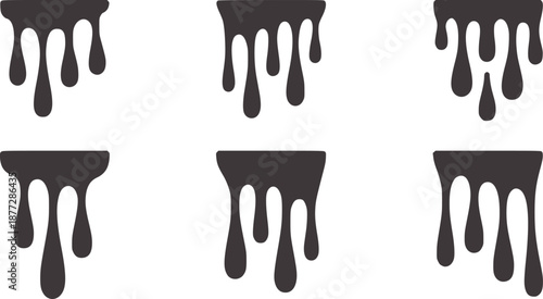 Six dark gray dripping paint splatters liquid