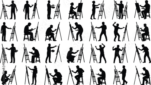 Artist painting silhouettes, people drawing on easels, creative process, art studio poses, illustration set, vector collection, education, hobby, creativity, design