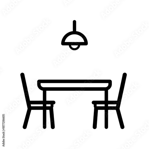 Minimalist Line Icon of Dining Table with Two Chairs and Pendant Lamp.