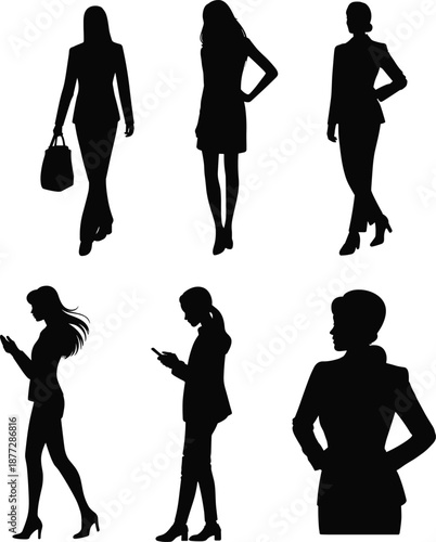 Business women silhouette set, professional female poses, modern office style, confident career concept, elegant black vector illustration