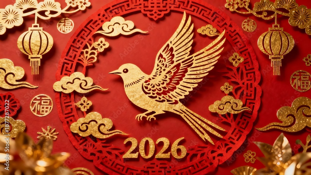 Naklejka premium Golden bird and 2026 text on red Chinese New Year decorative background with lanterns and clouds