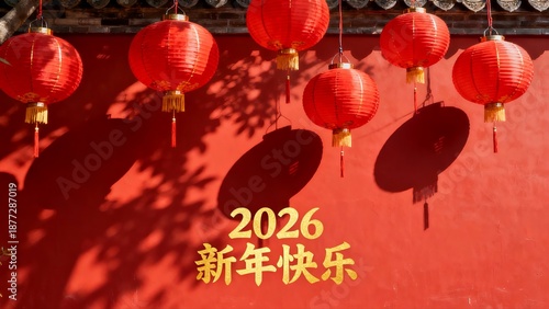 Red lanterns hang against a red wall with shadows, celebrating the Chinese New Year 2026.