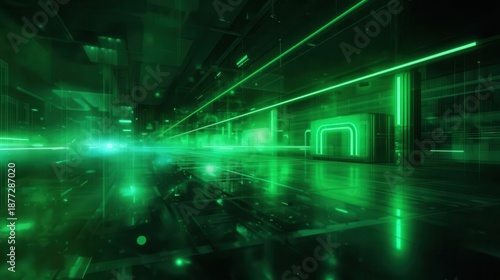 Futuristic Neon Cityscape Corridor With Green Glow And Depth Perspective