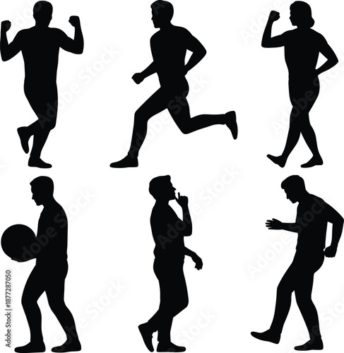 Man silhouette activity set, adult male running walking thinking holding ball, dynamic human poses, black vector illustration