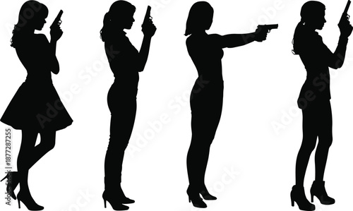 Female action silhouettes holding guns, secret agent and spy concept, strong women power, crime thriller theme, black and white vector illustration
