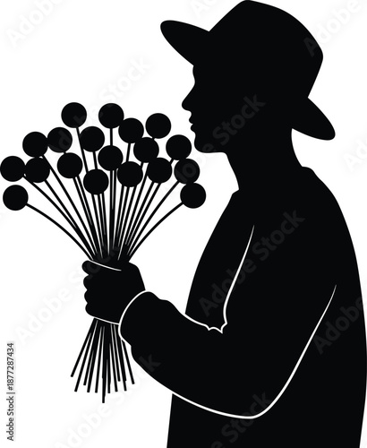 Florist silhouette holding bouquet flowers, flower shop worker profile view, professional floristry concept, black vector illustration isolated