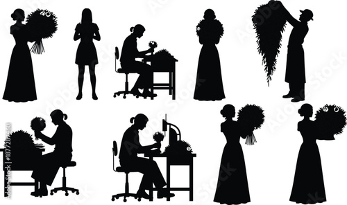 Florist silhouettes creating bouquets, flower shop workers arranging floral designs, professional floristry scenes, wedding decoration preparation, black vector illustration