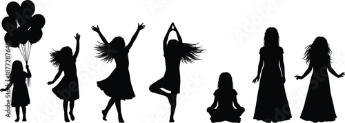 Girls silhouette collection showing childhood to womanhood stages, dancing jumping meditating poses, black female figures isolated vector