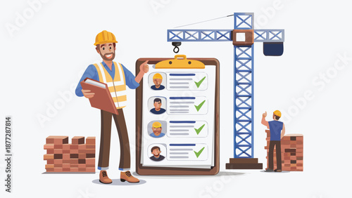 Construction workers reviewing employee checklist on clipboard at building site