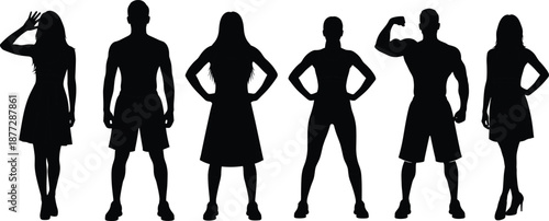 Male and female body silhouettes lineup, fitness people standing poses, muscular and slim figures, human shapes isolated on white