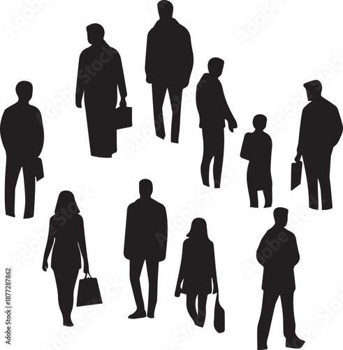 Business people walking silhouettes set isolated on white background