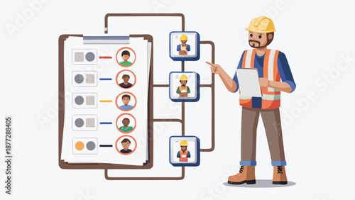 Construction manager planning project with team workflow chart