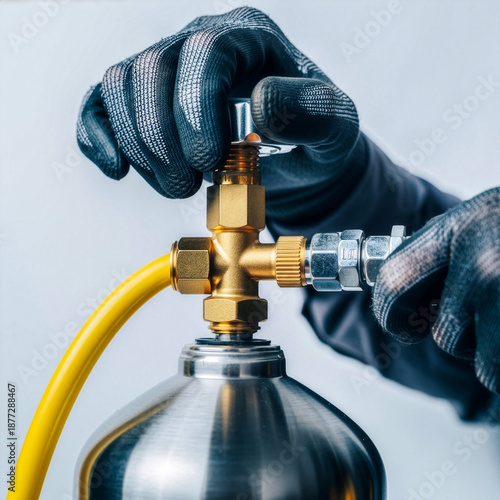 Technician Hands in Dark Gloves Adjusting Brass Valve on Metal Gas Tank