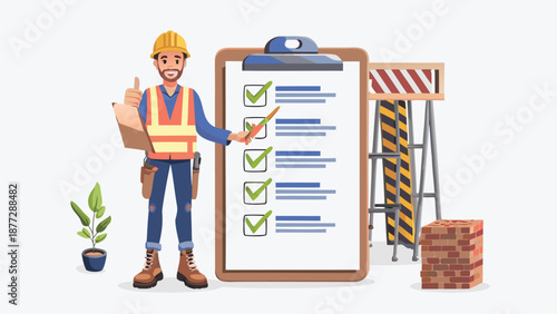 Construction worker approving checklist on clipboard with thumbs up