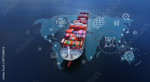 Photos Aerial view container cargo ship sails across ocean waters with digital icons an