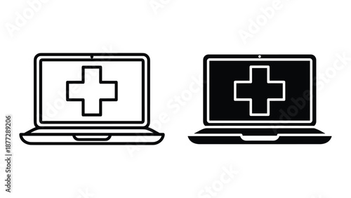 Medical laptop icons in black and white