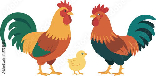 Cartoon Farm Rooster and Hen with Chick Colorful Flat Vector Set