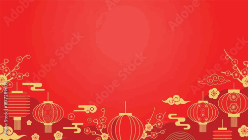 Vibrant red and gold festive background with traditional Chinese lanterns, plum blossoms, and auspicious clouds for Lunar New Year celebrations