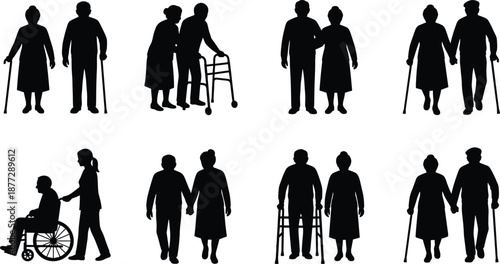 Elderly people silhouettes with caregivers and couples, seniors using walkers and wheelchairs, aging care, assisted living, healthcare support, family companionship illustration concept vector