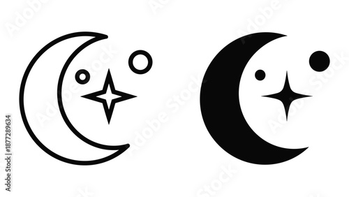 Crescent moon icon set with star and planet