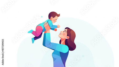 Mother playfully lifts her happy baby up in the air with love