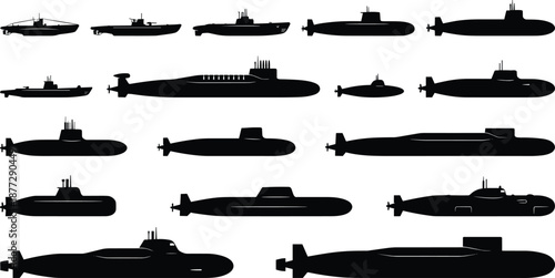 Collection of military submarine silhouettes showing modern naval vessels, underwater fleet designs, maritime defense concepts, and side view profiles isolated on white background