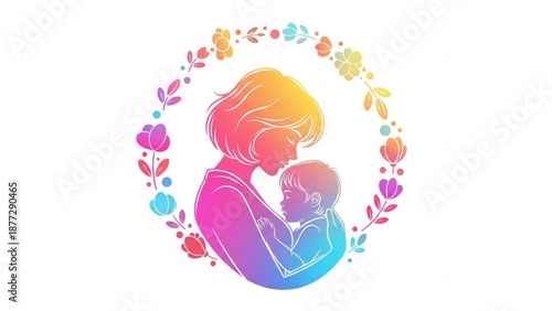 Mother and child hug surrounded by colorful flowers and leaves circle