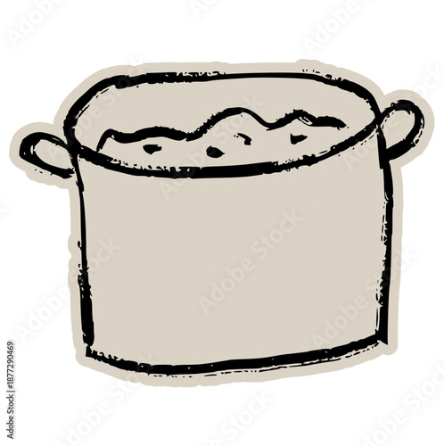 Cooking pot scrapbook, doodle, sticker, collage, icon: hand drawn illustration of kitchen soup pot for boiling and stewing food, saucepan, pan, kitchenware, cook, dinner, boil, meal, tool