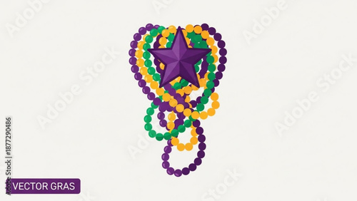 Mardi gras beads in purple green and gold with star