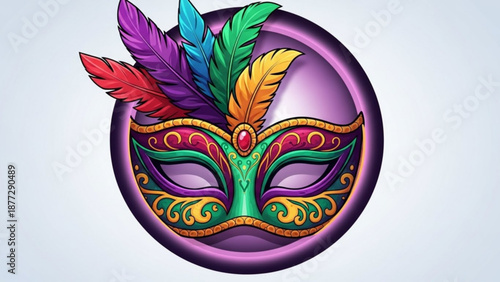 Vibrant mardi gras mask with colorful feathers on purple background