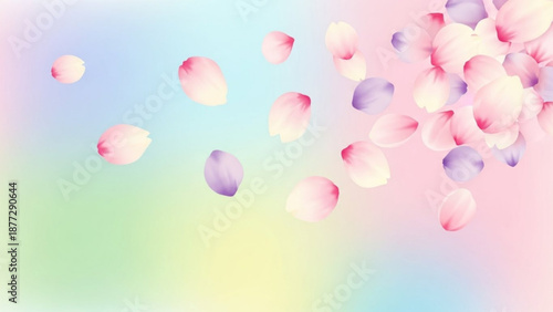 Pink and purple petals float on pastel rainbow background