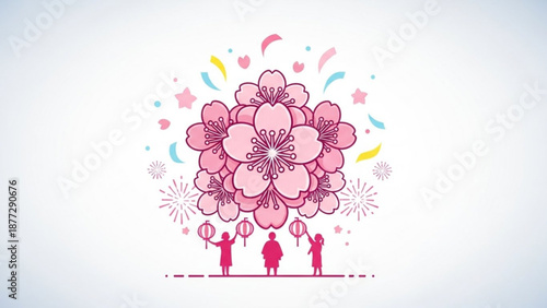 Three people hold colorful balloons under pink cherry blossoms