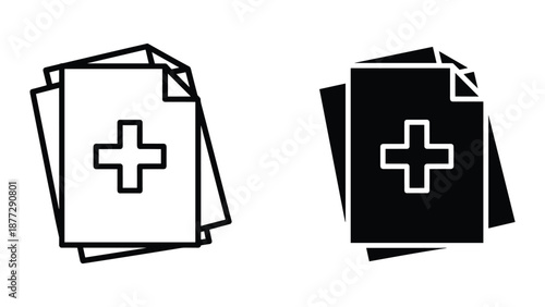 Medical documents with cross symbol on white and black background
