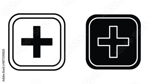 Black and white plus sign icons on rounded square background