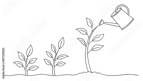 Nurturing growth: a watering can showers a young plant, symbolizing development and care.