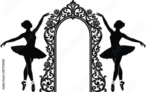 Elegant ballet dancer silhouettes framing ornate floral arch, classical ballerina tutu poses, symmetrical decorative design, vintage black and white illustration for dance, theater, and branding