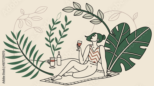 Relaxing woman enjoying wine in serene tropical setting