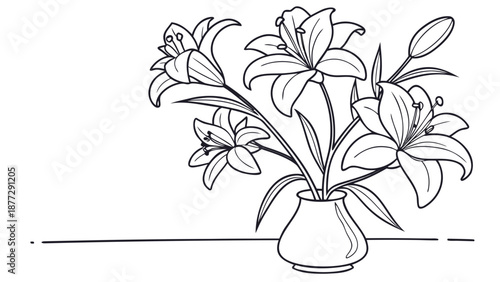 Elegant lily flowers in a vase, a timeless botanical sketch for decorative use.