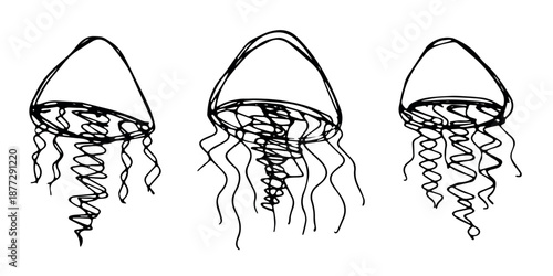 Set of hand drawn jellyfish doodle Sea animal illustration Cute marine underwater creature Medusa sketch clipart Single element for web, design, decor, children's print